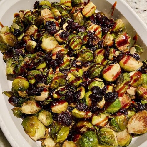 Oven Roasted Brussel Sprouts with Dried Cranberries and Balsamic Glaze